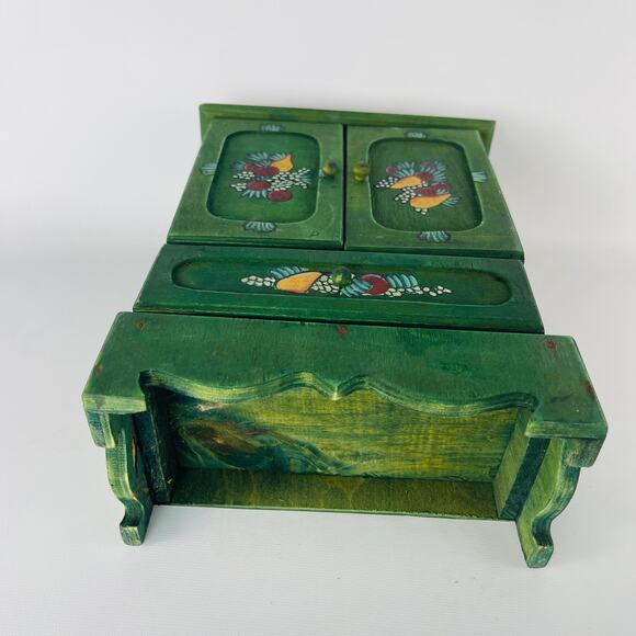 Folk Art Hand Painted Wood Green Small Box Doll Armoire 9 3/8 x 7 3/16 x 3 7/8” - Picture 4 of 6